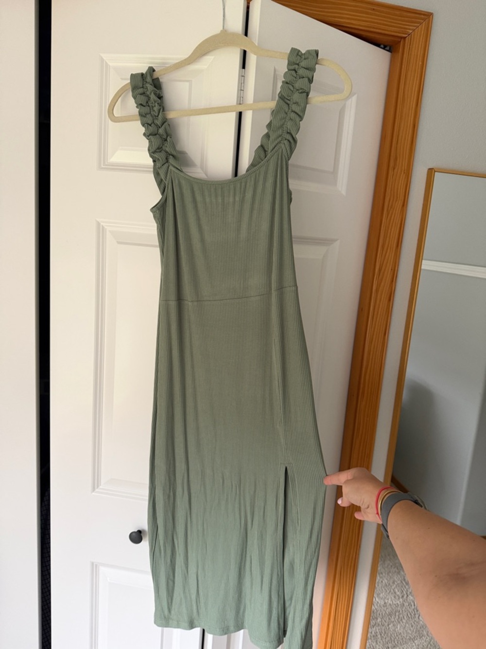 NWT Sage Green Ribbed Midi Dress with Rouched Straps